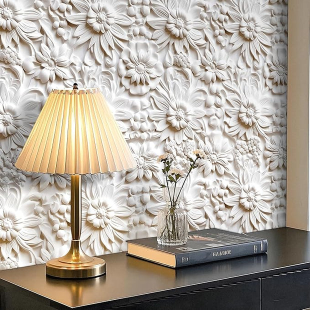 Off White Wallpaper Modern Faux Embossed Contact Paper Peel and Stick White Floral Contact Paper for Bedroom Bathroom Ceiling Stick on Wall Art Deco Wallpaper Removable Self Adhesive 17.5"x80"