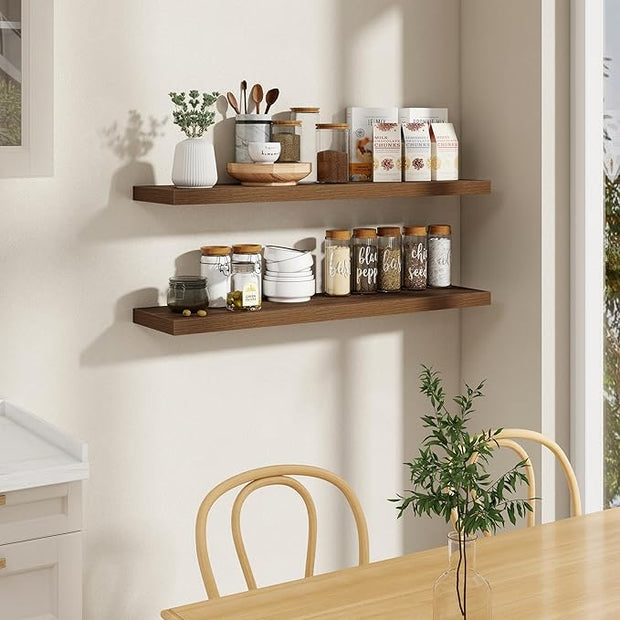 Fun Memories 48 Inch Floating Shelves, 9.3 Inch Deep Wall Shelves for Bathroom, Living Room, Bedroom, Kitchen, Deep Long Shelf Wall Mounted 2 Pack Shelf for Books, Decor, Walnut
