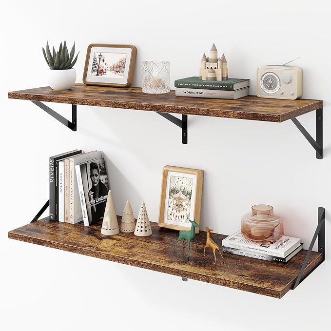 Deep Floating Shelves Wall Mounted, 36"x12" Brown Wood Shelves with Brackets Set of 2 for Bedroom, Living Room, Bathroom, Kitchen, Office - Storage & Display Shelf for Decor, Books, Plants