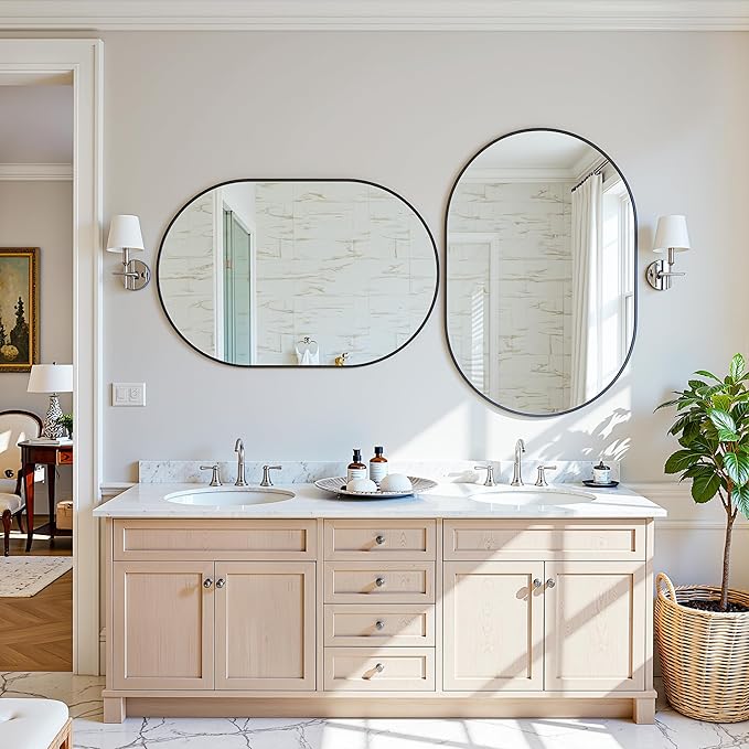 Antok Wall Mirror, 24"x36" Bathroom Vanity Mirror, Anti-Rust HD Tempered Glass, Wall Mounted Mirrors for Living Room, Entryway, Black Frame, Oval