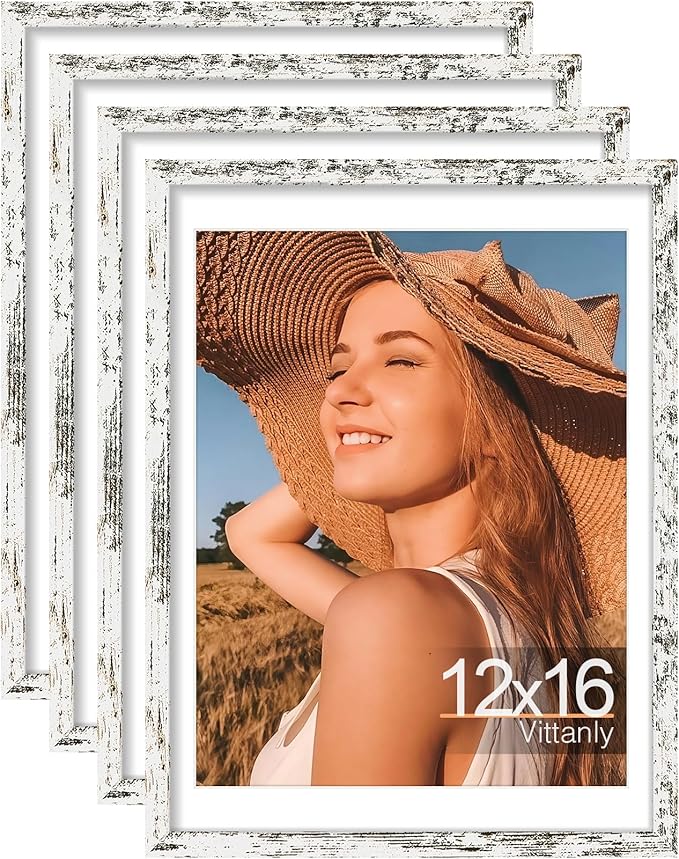 Vittanly 12x16 Picture Frames Set of 4, Display Pictures 11x14 with Mat or 12x16 without Mat, Gallery Frame for Wall, Engineered Wood with Shatter Resistant Plexiglass, Distressed White