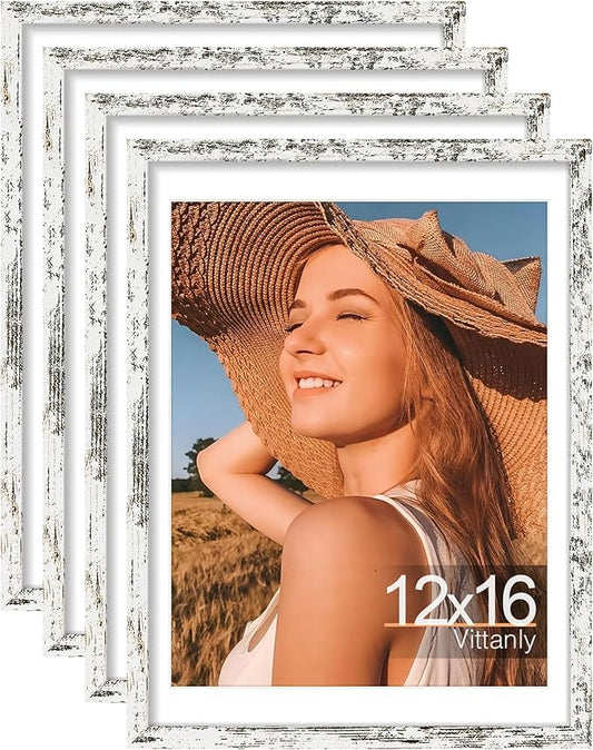Vittanly 12x16 Picture Frames Set of 4, Display Pictures 11x14 with Mat or 12x16 without Mat, Gallery Frame for Wall, Engineered Wood with Shatter Resistant Plexiglass, Distressed White