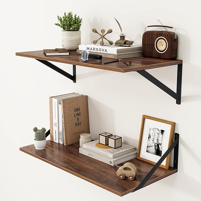 Heimlove 12 Inch Deep Floating Shelves for Wall, 24W x 12D Wood Wall Shelves Set of 2, Walnut Wide Floating Bookshelf for Living Room, Kitchen, Office, Bedroom, with Black Metal Bracke - Walnut