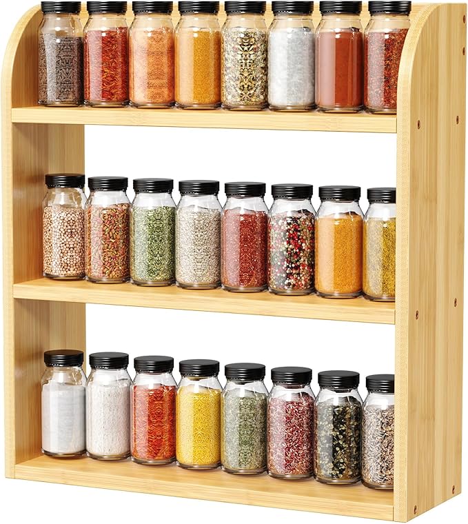3 Tier Bamboo Spice Rack, Countertop or Wall Mounting Wood Spice Jars Organizer Shelf for Kitche, Pantry (Natural)