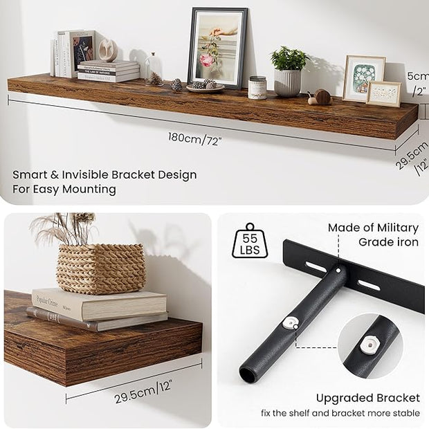 Fun Memories 72 Inch Fireplace Mantel Shelf, 12 Inch Deep Shelves for Display & Wall Storage, Rustic Wood Wall Shelf, Extra Long Floating Shelves for Living Room Laundry Room, Rustic Brown, Set of 1
