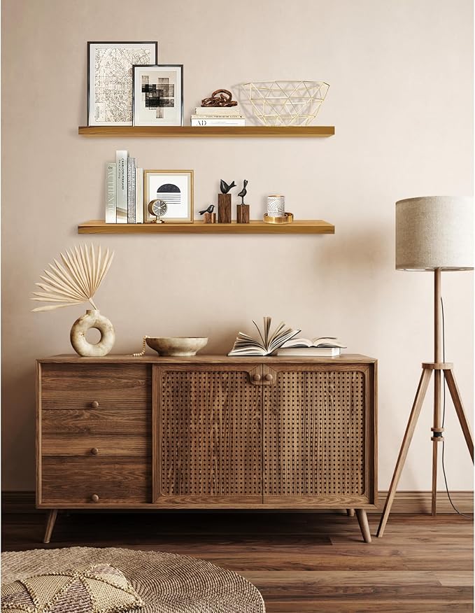 Teak Wood Floating Shelves Perfect for Bathroom Décor Pack of 2 Wooden Wall Shelves for Bedroom Living Room Kitchen Simple Minimalist Home Décor 36” x 6.7”