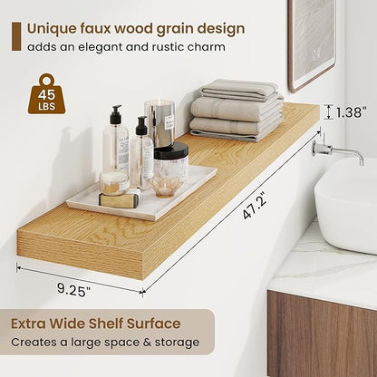 48in Floating Shelves for Wall, 48"W x 9.25"D x 1.25"H, 2 Pack Long Wall Mounted Engineered Wood Shelves with Invisible Brackets for Living Room, Bedroom, Bathroom, Kitchen Decor and Storage, Oak