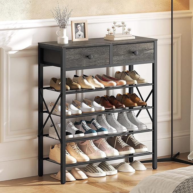 5 Tier Shoe Rack, Large Capacity Shoe Storage Organizer, Metal Shoe Shelf with Drawer and Wooden Top, for 20 Pairs of Shoes, for Entryway, Closet, Charcoal and Black SS25BCY1