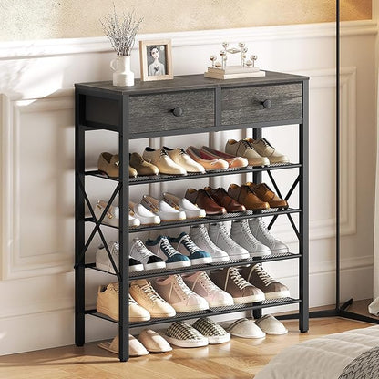 5 Tier Shoe Rack, Large Capacity Shoe Storage Organizer, Metal Shoe Shelf with Drawer and Wooden Top, for 20 Pairs of Shoes, for Entryway, Closet, Charcoal and Black SS25BCY1