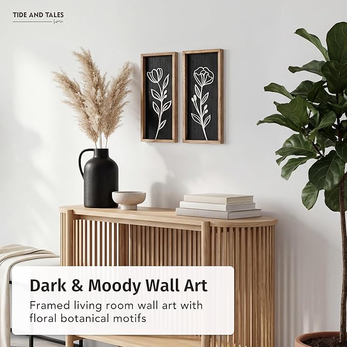 3D Vintage Black Living Room Decor (Set of 2) Lightweight, Wooden Ready-to-Hang Framed Moody Floral Wall Art for Bathroom, Bedroom or Office - Dark Textured Boho Farmhouse Wall Decor - Gift-Boxed