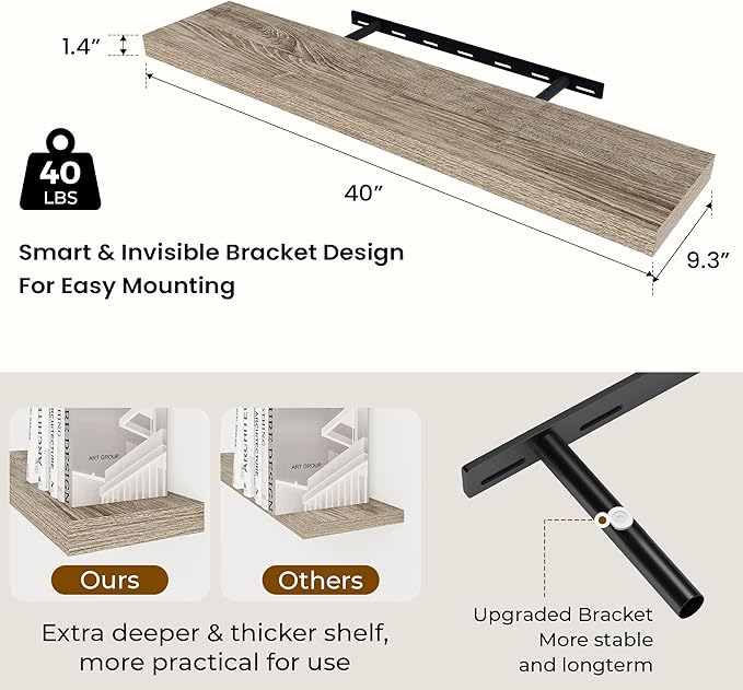Dreamland 40 Inches Floating Shelves for Wall,9.3 Inch Deep Floating Shelves Set of 2, Large Display & Storage Shelf, Wall Shelf for Bathroom Bedroom Living Room Kitchen Office,Grey
