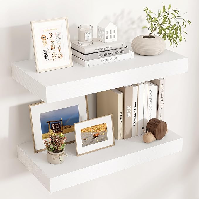 Floating Shelves for Wall, 24 Inch Wide x 12 Inch Deep Floating Shelves, Long Wood Floating Wall Shelf Shelves for Living Room Bathroom Bedroom Kitchen Home - (White, 24