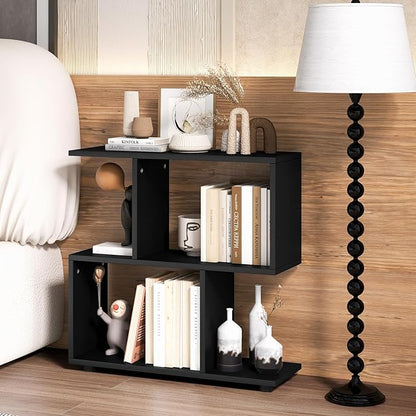Giantex 3-Tier Geometric Bookshelf Set of 2, 24" Tall Wood S-Shaped Display Shelves with Thick Foot Pads, Freestanding Open Shelves Nightstand, Floor Standing Display Shelf Bookcase, Black