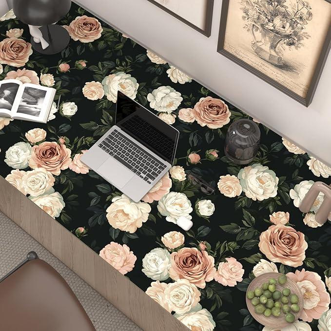 Pink White Rose Peony Wallpaper Peel and Stick Black Floral 17.5in x 393in Vintage Flower Contact Paper Boho Vinyl Waterproof Self Adhesive Flower Botanical Wall Paper for Bathroom Cabinet Decor