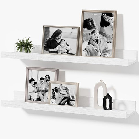 16inch Floating Picture Ledge Shelves 2-Pack, White Wall Mounted Shelves with Lip for Nursery, Kids Room, Living Room & Bedroom, Sturdy Floating Book Shelves for Photo Frames & Decor