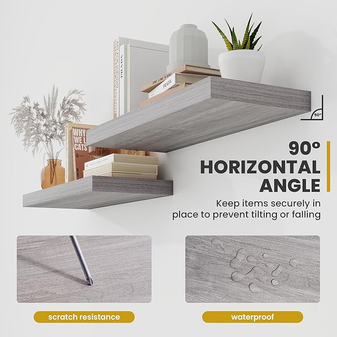 24 Inch Floating Shelves, 9.3" Deep Floating Shelf Wall Mounted, 24" Wall Shelves, Rustic Deep Bookshelf, Large Display Shelves & Storage Shelves for Bedroom, Living Room, Gray, Set of 2