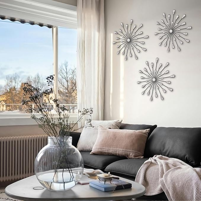 ZEXUIRU 3 Pack Black Sunburst Wall Decor – Metal Crystal Wall Art with Sparkling Rhinestones, 14’’/18 Inch Starburst Wall Hanging Set for Living Room Bedroom Bathroom – Modern Bling Home Decorations