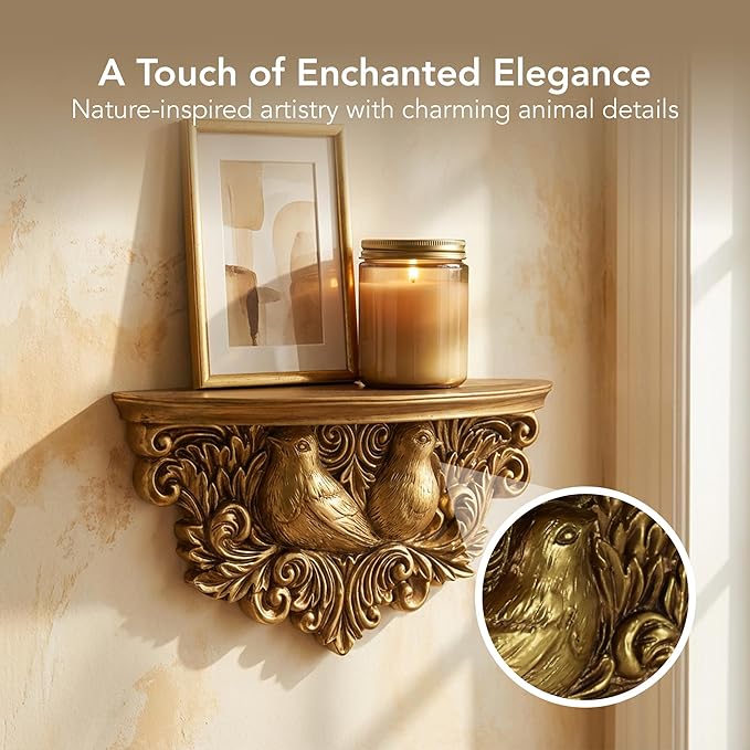 American Art Decor Vintage Ornate Resin Birds Scroll Manor Floating Wall Mounted Shelf in Antique Gold - Rococo Baroque Shabby Chic Ledge Display Shelf for Small Decor, Keys, Plants & Keepsakes