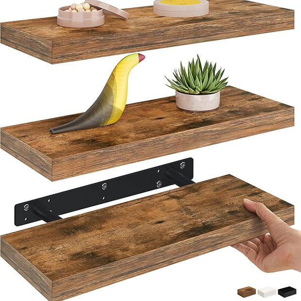 Ballucci Floating Shelves, 16" Wood Wall Shelf Set of 3, Invisible Brackets Floating Shelf for Wall Decor Living Room, Bathroom, Bedroom, Kitchen, 6" Depth, Rustic Brown