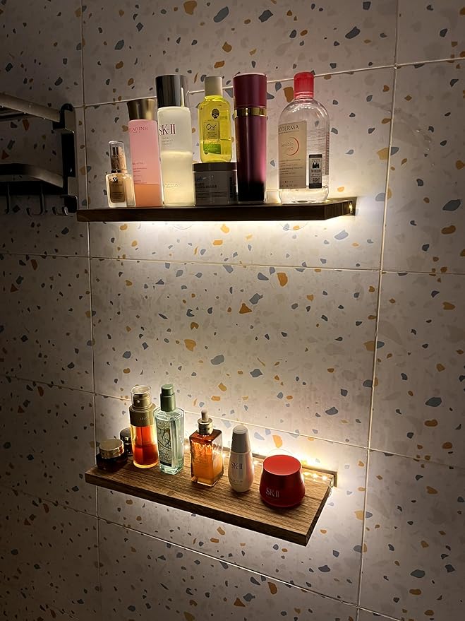 Floating Shelves for Wall Decor Wood Wall Mounted Shelves with LED Lights Set of 2, Sturdy Rustic Wood Shelves Farmhouse Shelf Hanging for Bathroom, Bedroom, Living Room, Kitchen (Battery powwer)