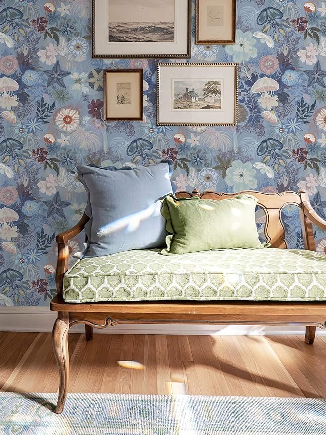 Ismoon Floral Peel and Stick Wallpaper Vintage Blue Contact Paper Jellyfish Ocean Stick on Wall Paper Removable Self Adhesive Vinyl Wallpaper for Bedroom Wall Decor Cabinet Refurbishment 17.3x78.7in