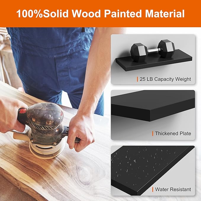Floating Shelves Set of 3, Black Wood Wall Mounted Shelf 16