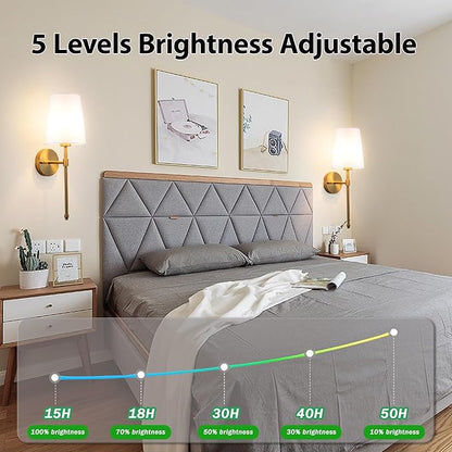 Rechargeable Battery Operated Wall Sconce Set of 2, Indoor Not Hardwired Dimmable Wall Lamps for Bedroom Living Room(Brass-White lampshade-20 inch)