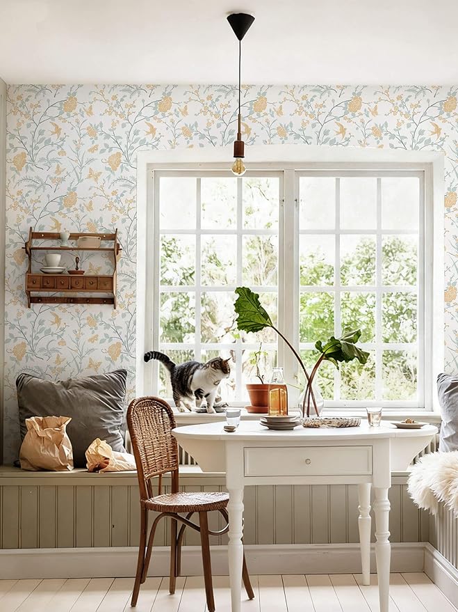 Vintage Wallpaper Floral Peel and Stick Wallpaper Boho Light Blue and Yellow Wall Paper Bird Botanical Contact Paper for Cabinets Renter Friendly Self-Adhesive Bathroom Bedroom 1.44' x 32'