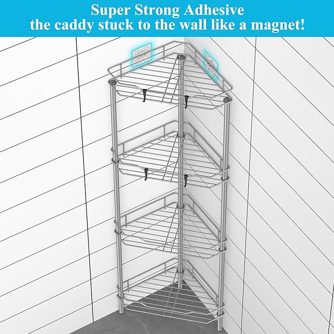 4 Tier Floor Standing Corner Shower Caddy Organizer Shelf with Hooks, Bathroom Shelves Stand Rack, Gray