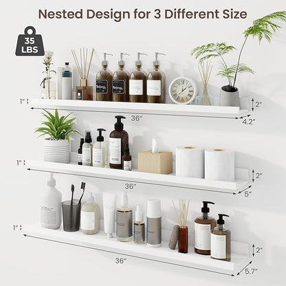 Axeman 36 Inch Floating Shelves | White Picture Ledge Shelf Set of 3 | Rustic Wood Wall Shelves with Lip | 36" White Picture Shelf for Wall with Ledge | Photo Shelves