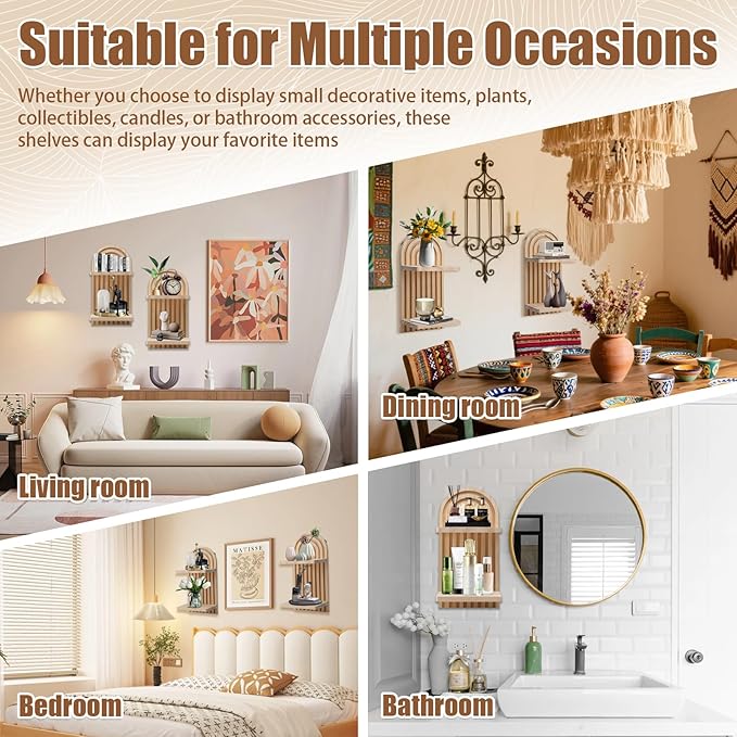 2 Pack Wooden Arched Wall Shelves, Mid-Century Modern Bohemian Style Double Layer Floating Shelves, Wall Mounted Display Shelves for Living Room, Bedroom, Nursery and Office Decor