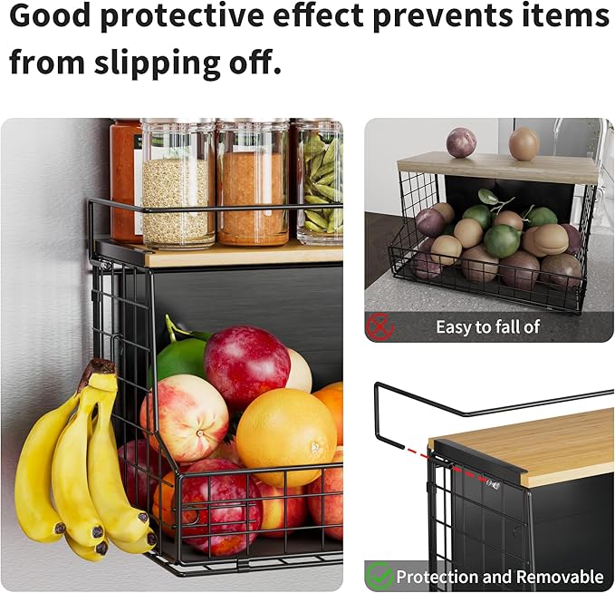 Magnetic Shelf for Fridge 2 Pack, Large Container Magnetic Spice Rack for Refrigerator, Fruit Potato and Onion Storage Bins, Magnetic Basket with Wood Lid, Kitchen Counter, Cabinet