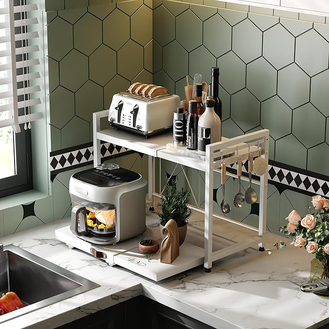 NETEL Expandable Microwave Stand,2 Tier Metal Kitchen Countertop Organizer Shelves with 8 Hooks,Bakers Rack,Pull-Out Microwave Shelf,Metal Storage Shelves,55lbs Weight Capacity,White