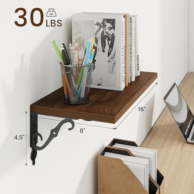 RICHFOCUS Floating Shelves for Wall Decor, 8 Inch Deep Shelves Set of 2, 16W x 8D Floating Shelves Wall Mounted with Metal Brackets, Rustic Wood Shelves for Living Room Bedroom Kitchen, Walnut