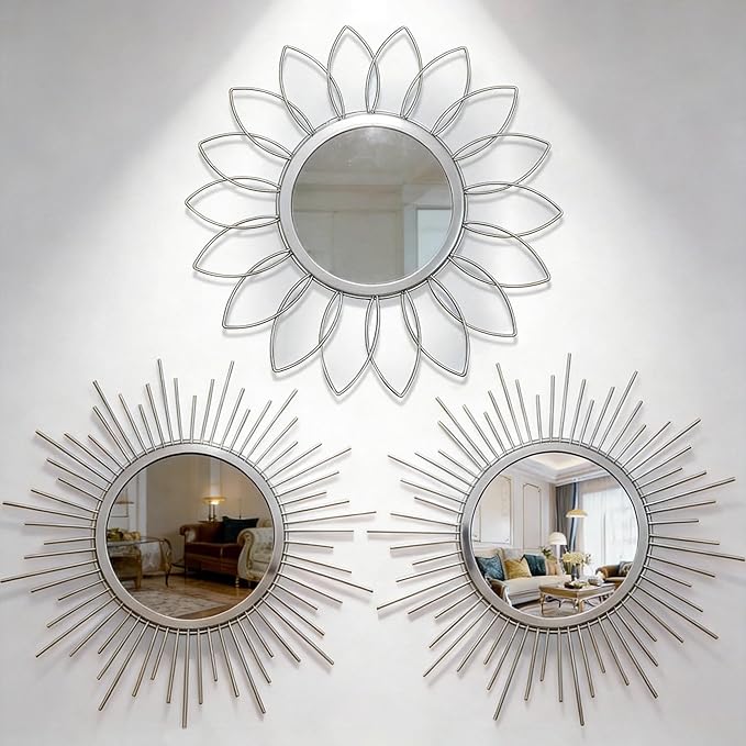 Boho Sunburst Wall Mirror Set of 3, 12 Inch Round Antique & Modern Metal Wall Art, Hanging Over The Door Mirrors for Wall Decor in Living Room, Bedroom, Bathroom, Entryway（Sliver）