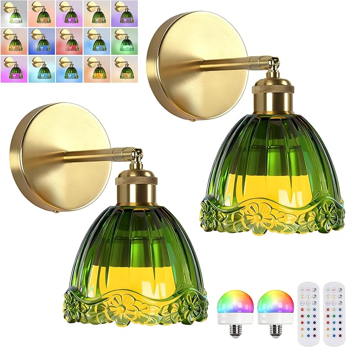 Vintage Battery Operated Wall Sconce with Green Flower Crown Glass Lampshade Rechargeable Battery Powered Wall Light with Remote Control for Bedside Bedroom Bathroom, Set of 2