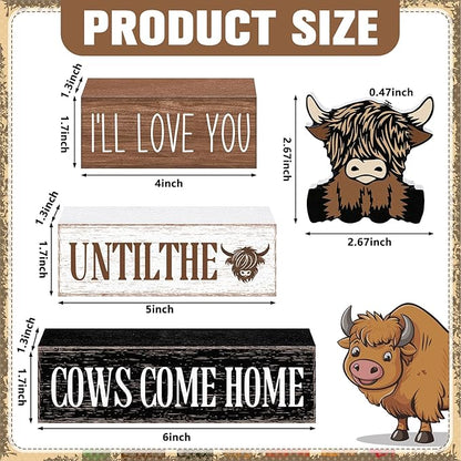 Marsui 4 Pcs Highland Cow Table Decorations Cow Wooden Signs Rustic Cow Tiered Tray Decor Western Tabletop Centerpieces Farmhouse Distressed Highland Cow Decor for Home Desk Room Kitchen Shelf Decor
