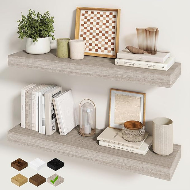 Fun Memories 30Inch Floating Shelves for Wall, 2 Pack Rustic Wood Shelves for Bathroom|Kitchen Wall Mounted Floating Shelf with Invisible Brackets for Books|Storage|Decor,Grey