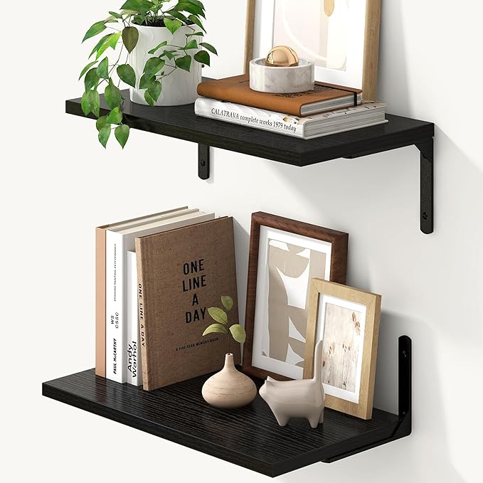 Fun Memories Deep Floating Shelves, 16W x 8D Floating Shelves Set of 2, Wall Mounted Shelf with Metal Brackets, Rustic Wood Wall Shelf for Bathroom, Kitchen and Living Room, Black