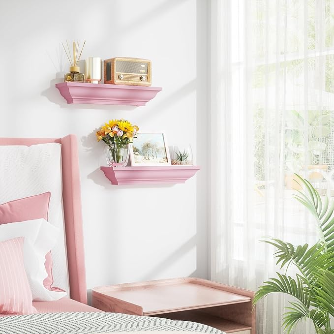 Alsonerbay Floating Shelves Wall Mounted Set of 2, Rustic Shelves for Wall Storage, 17 Inch Wood Shelves for Bedroom Living Room Bathroom, Pink