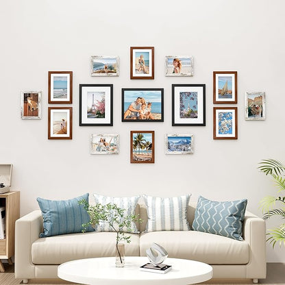 Vittanly 15 Pack Picture Frames Collage Wall Decor for Mounting or Tabletop Display, Gallery Frame Set Including 3pcs 8x10, 6pcs 5x7, 6pcs 4x6, Black, Walnut Brown and Distressed White