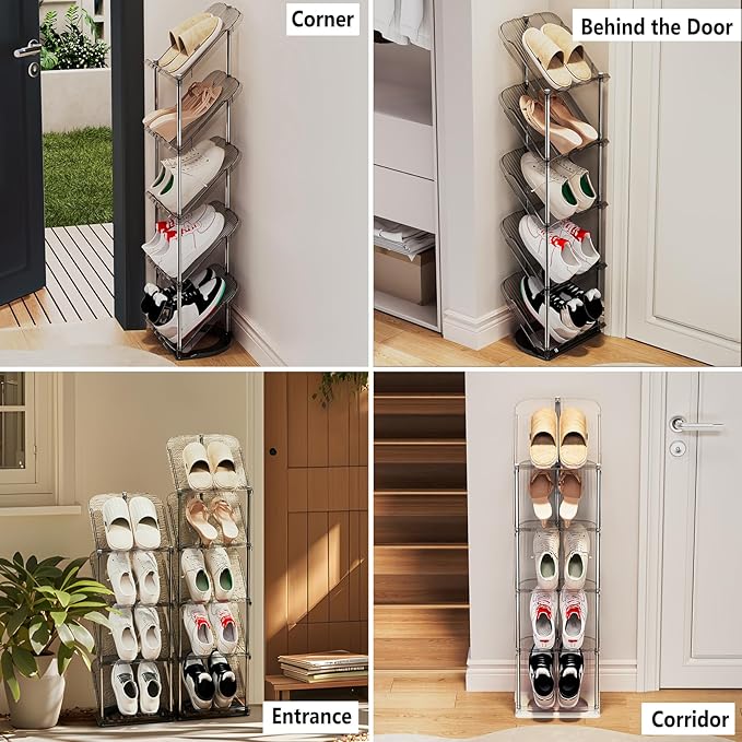 2 Pack Sloping Narrow Shoe Rack 5 Tiers - Free Standing Vertical Shoes Racks for Small Spaces and Corner, Shoe Storage Organizer for Entryway, Tall Slim Shoe Shelf Cabinet for Shoes and Boots