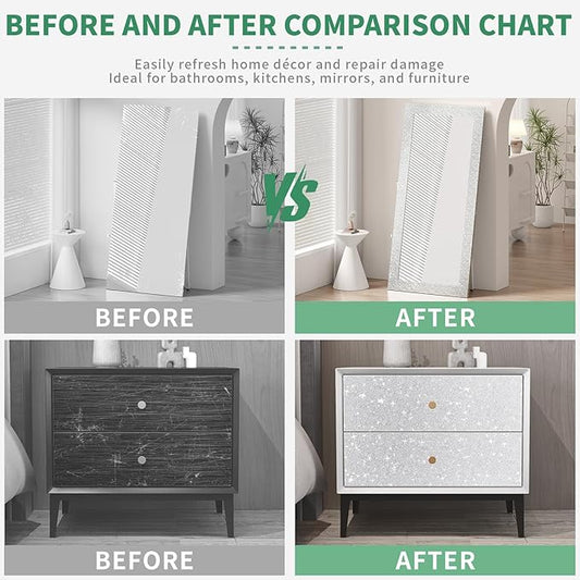 Peel and Stick Wallpaper Borders 390” x 4” Self Adhesive Mirror Frame Border Glitter DIY for Kitchen Bathroom Mirror Removal Border Sticker Wall Decor Cover 10.8 Sq.Ft, Sliver Glitter