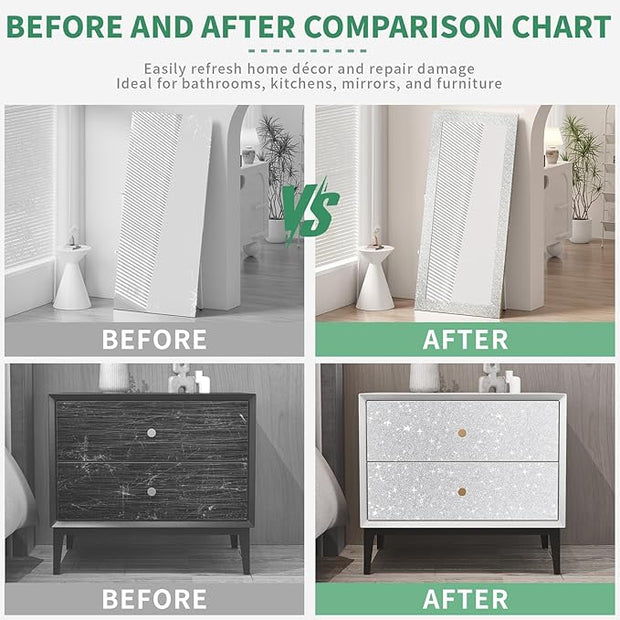 Peel and Stick Wallpaper Borders 390” x 4” Self Adhesive Mirror Frame Border Glitter DIY for Kitchen Bathroom Mirror Removal Border Sticker Wall Decor Cover 10.8 Sq.Ft, Sliver Glitter