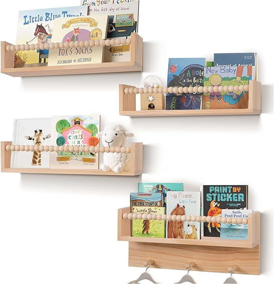 BOMID Wall Bookshelves,Set of 4 Natural Wood Floating Bookshelf,Nursery Shelves,Floating Book Shelves for Wall(Burlywood)