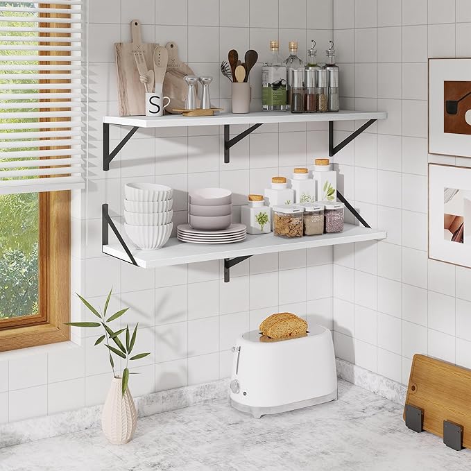 Deep Floating Shelves for Wall,36" Wx10 D Wood Wall Shelves with Metal Brackets,Hanging Storage Floating Shelf for Living Room,Bedroom,Bathroom,Office,Kitchen,White