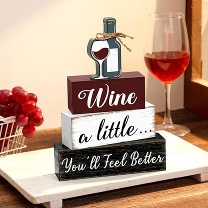 Marsui 4 Pcs Wine Tabletop Decor Rustic Coffee Bar Tiered Tray Decor Decorative Wood Wine Bottle Block Sign Gift Wooden Farmhouse Table Centerpiece for Home Party Shelf Desk Decoration