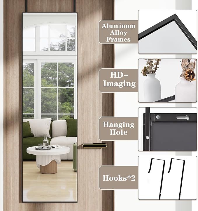 Full Length Door Mirror 14x48, Metal Frame with Protective Film, No-Drilling Hanging or Wall Mount (Horizontal/Vertical), Hooks & Hardware Included, Full Body Mirror for Bedroom, Dorm, Black