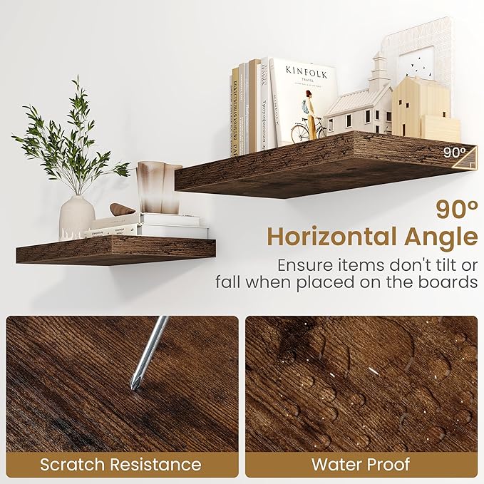 Fun Memories 36 Inch Long Floating Shelves for Wall, 9.3 Inch Deep Floating Shelf, 2 Packs Long Shelves for Bathroom, Living Room, Bedroom, Wall Mounted Storage Shelf for Books Decor, Rustic Brown