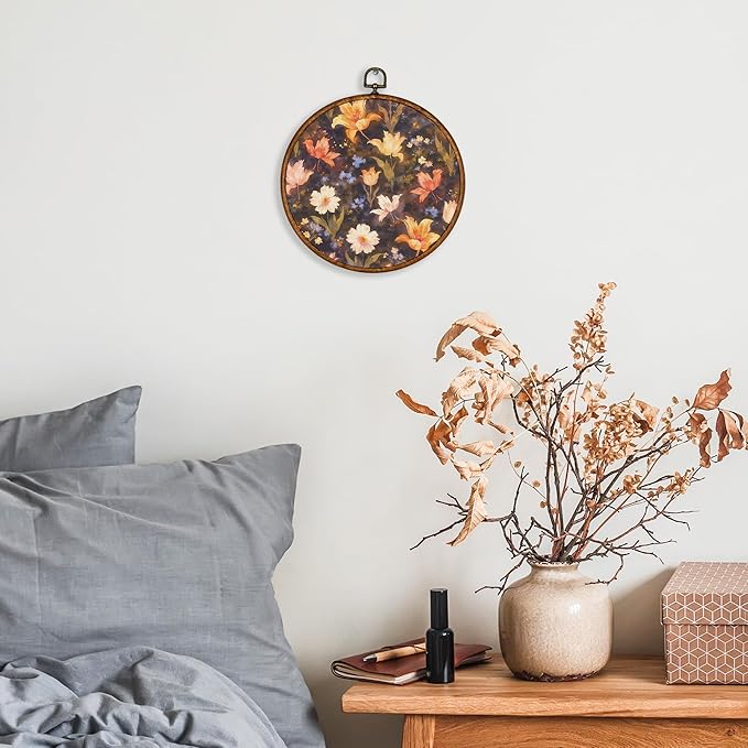 KSDUT Aesthetic Flower Orange Wall Art Decor - Botanical Neutral Mid Century Modern Wall Art Canvas Frame Hanging Prints, Vintage Landscape Round Wall Art Decor for Home Decorations 10"x10"